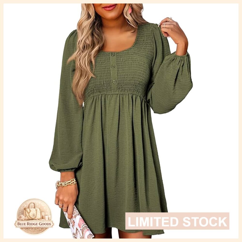 Empire Waist Mini Dress Smocked Crewneck Button Up Long Sleeve A-Line